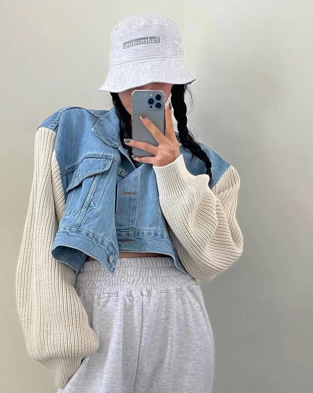 

ort Denim Jaet Women's Knitted Splicing Design Loose Fit Trendy Coat Cotton Material Collar Button Sve Long Autum...