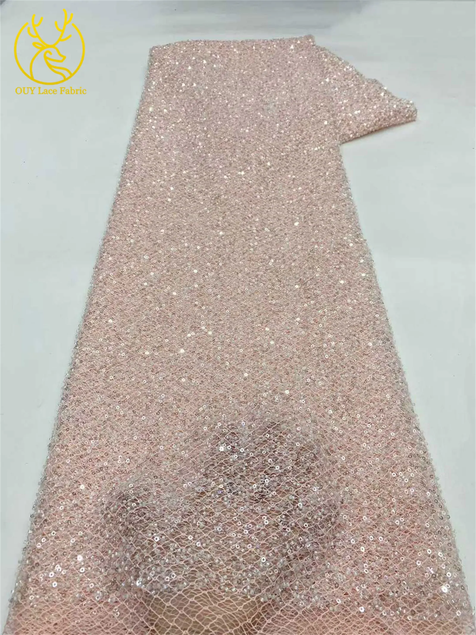 White French Beaded Sequin Lace Fabric 2026 High-Quality Nigerian African Lace Fabric Suitable for Weddings and Parties 5 Yards