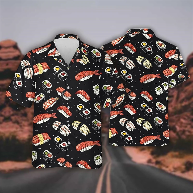 

Delicious Sushi Shrimp Graphic Female Beach Shirts Hip Hop Hawaiian Rice Balls Lapel Blouse Fast Food Bento Shirt For Men Tops