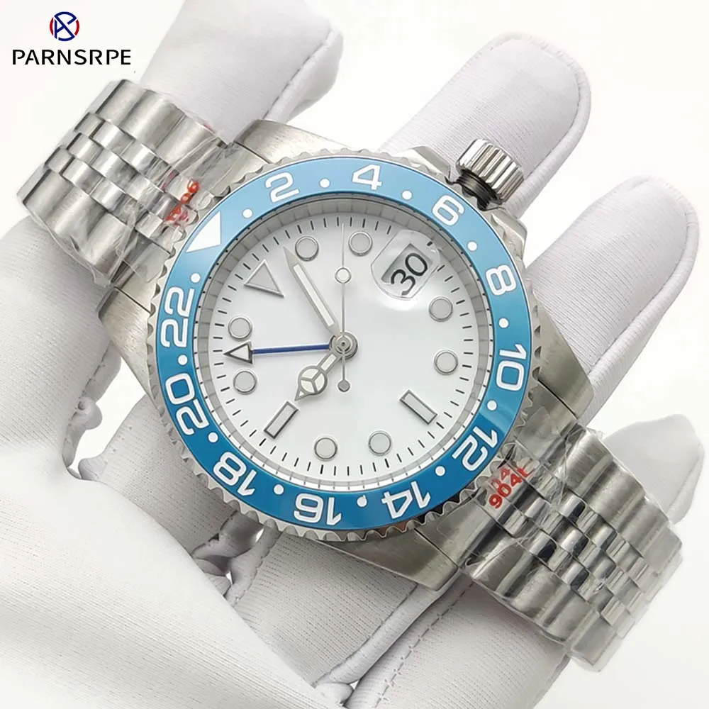 

Часы GMT 40 мм, белый элегантный простой циферблат с синим керамическим безелем, сапфировым стеклом, мужские автоматические механические часы