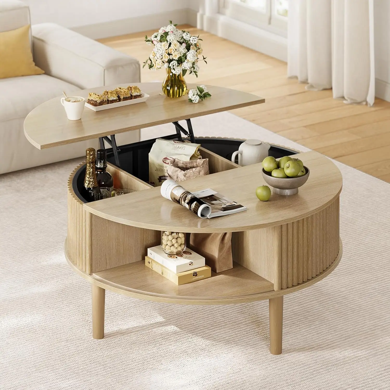 

Round Lift Top Coffee Table, Modern Coffee Table with 180° Curved Sliding Door, Fluted Accent Coffee Tables, Customized