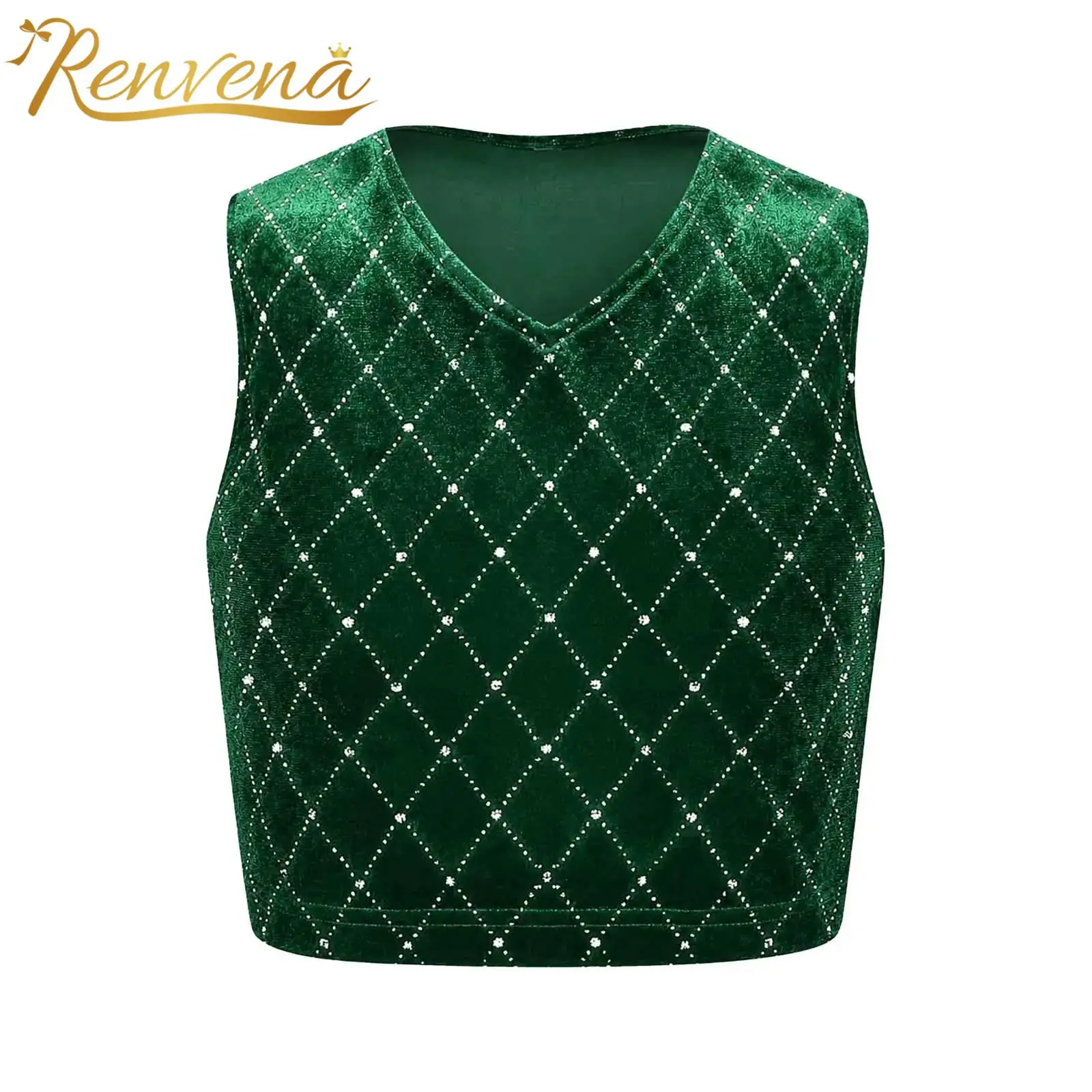 Kids Girls Shiny Rhinestone Argyle Pullover Tops Velvet Vest V-neck Sleeveless Waistciats for Party New Year Christmas Costume