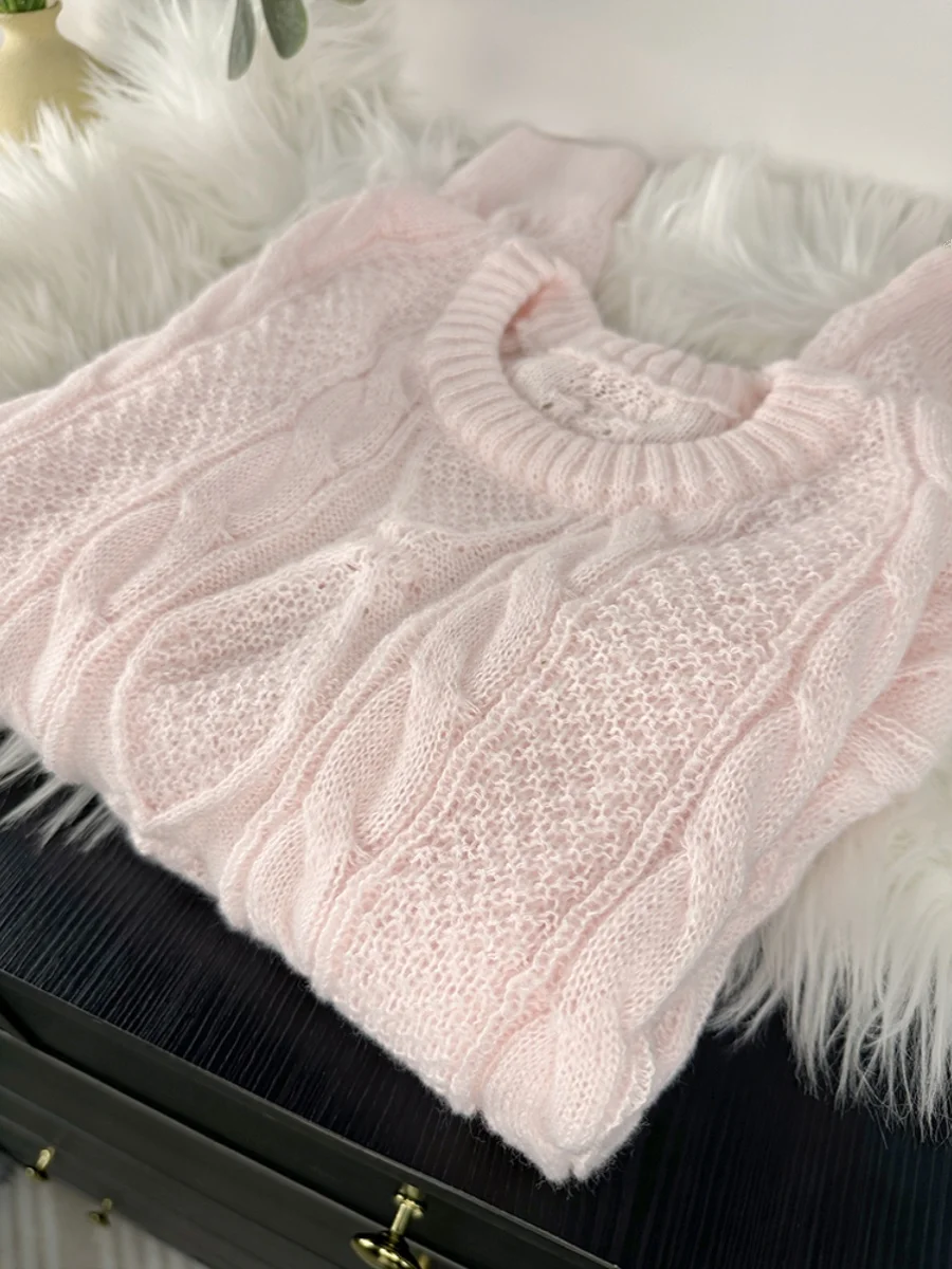 Pull en tricot doux de style paresseux rose pour femmes, pull rétro, torsades de pâte frite, classique, polyvalent, haut de base élégant, automne, nouveau, 2024