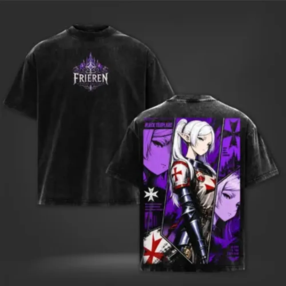 2026 Trendy Anime Frieren T-shirt Harajuku Vintage Washed Oversized T Shirt Men Women Clothing Summer Casual Cotton Tees Clothes