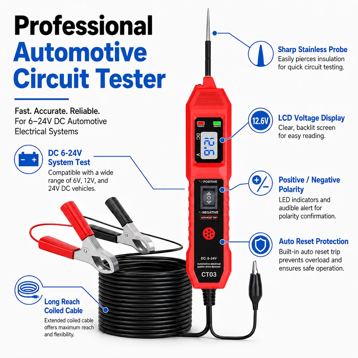 CT03 Car Circuit Tester 6-24V DC Digital LED Voltage Display Power Probe Automotive Electrical Test Tool