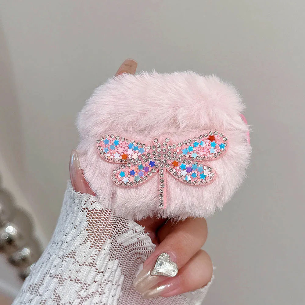 Crystal Dragonfly Glitter Plush Pink Fluffy Case For AirPods 1 2 Pro 3 Pro2 AirPod Pro 2nd Fuzzy Cover Accessories with Keyring