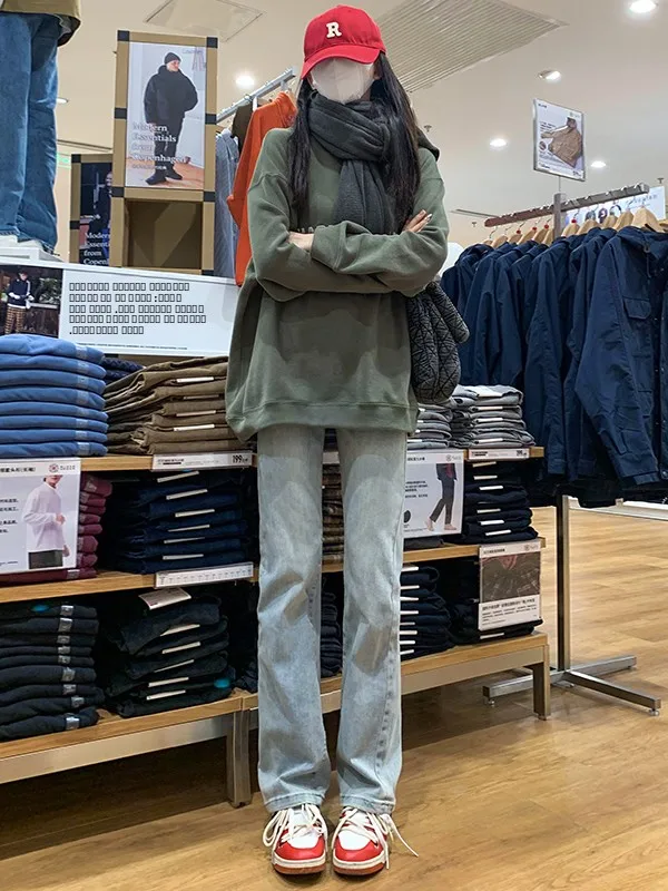 

Светло-голубые прямые джинсы для женщин, весна-осень, новая модель, утягивающие, удлиненные, облегающие брюки-трубы