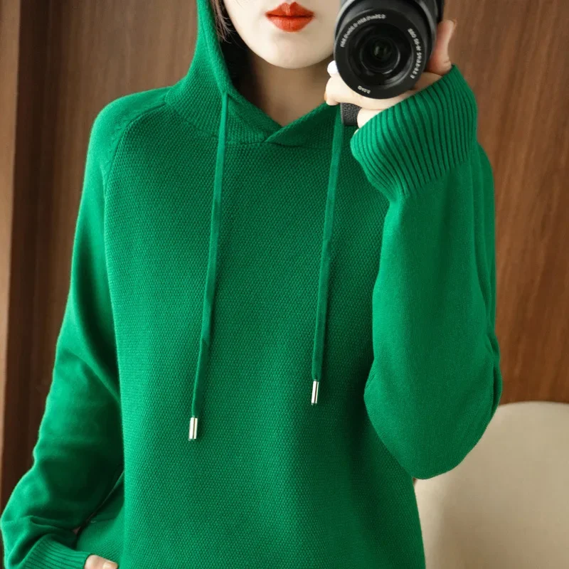 ใหม่ฤดูใบไม้ร่วงฤดูหนาวผู้หญิงเสื้อกันหนาว Cashmere Wool Blend Pullover Hooded COLLAR Coat Casual ถักหนาเสื้อแจ็คเก็ตเสื้อกันหนาว