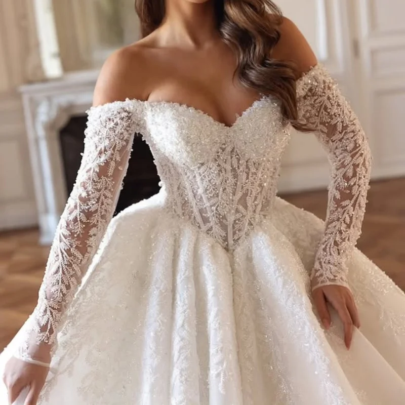 

Shiny White Appliques Wedding Dresses off-shoulder A skirt decal beading long sleeves Gowns Made wedding dress Customized