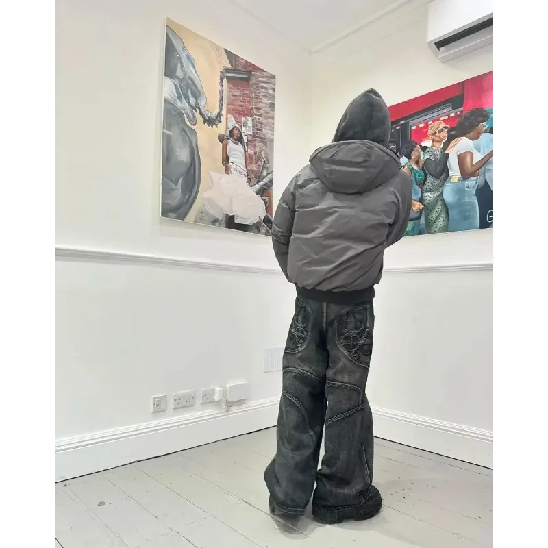 Y2K القوطية غسلها جعل الجينز القديم فضفاض للرجال شخصية الهيب هوب مع خطوط مهدب Harajuku موضة مستقيم بنطال ذو قصة أرجل واسعة #4