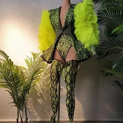 Women Performance Dance Costume Mesh Puff Sleeve Snake Print Sexy Nightclub Party Outfit Ds Suit Jazz Dance Clothing Stage Wear