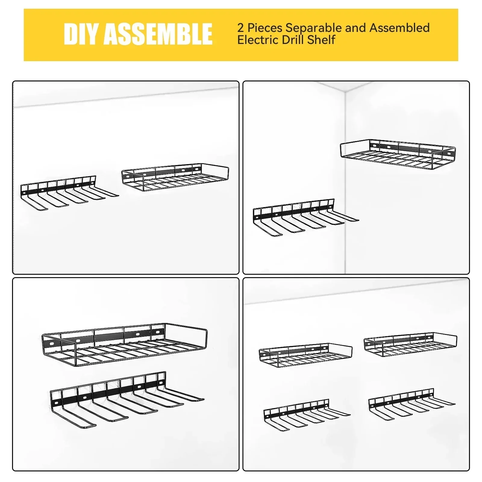 Power Tool Organizer, 2 Layers Storage Rack, 4 Drill Holders, Garage Storage Shelving Wall Mounted