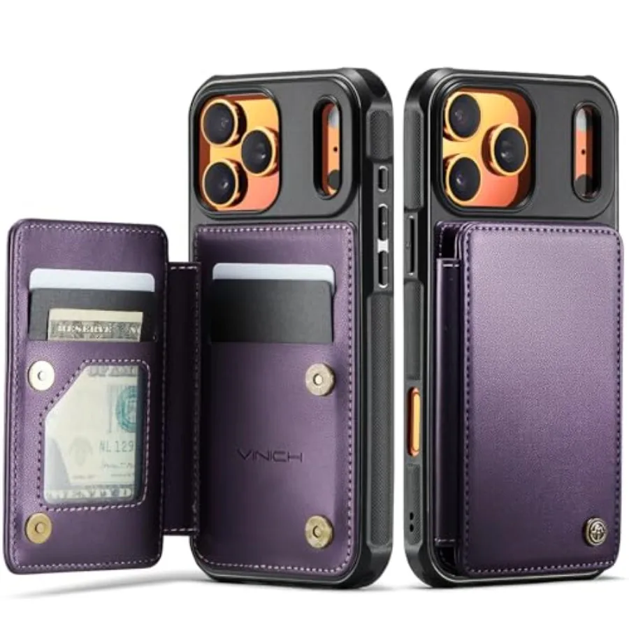 حافظة محفظة واقية أرجوانية مع حامل بطاقات مدمج وحجب RFID لهاتف iPhone 17 Pro Max 6.9 تتميز بمسند وSh