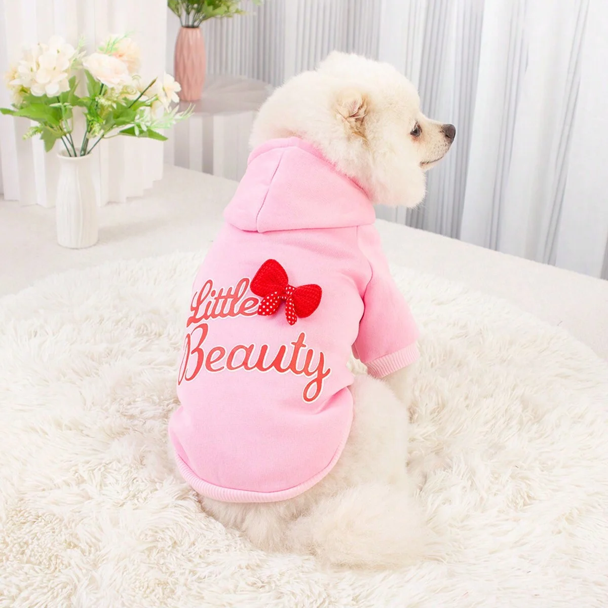 1pc-Dog pink clothes hooded sweatshirt with plush insulation