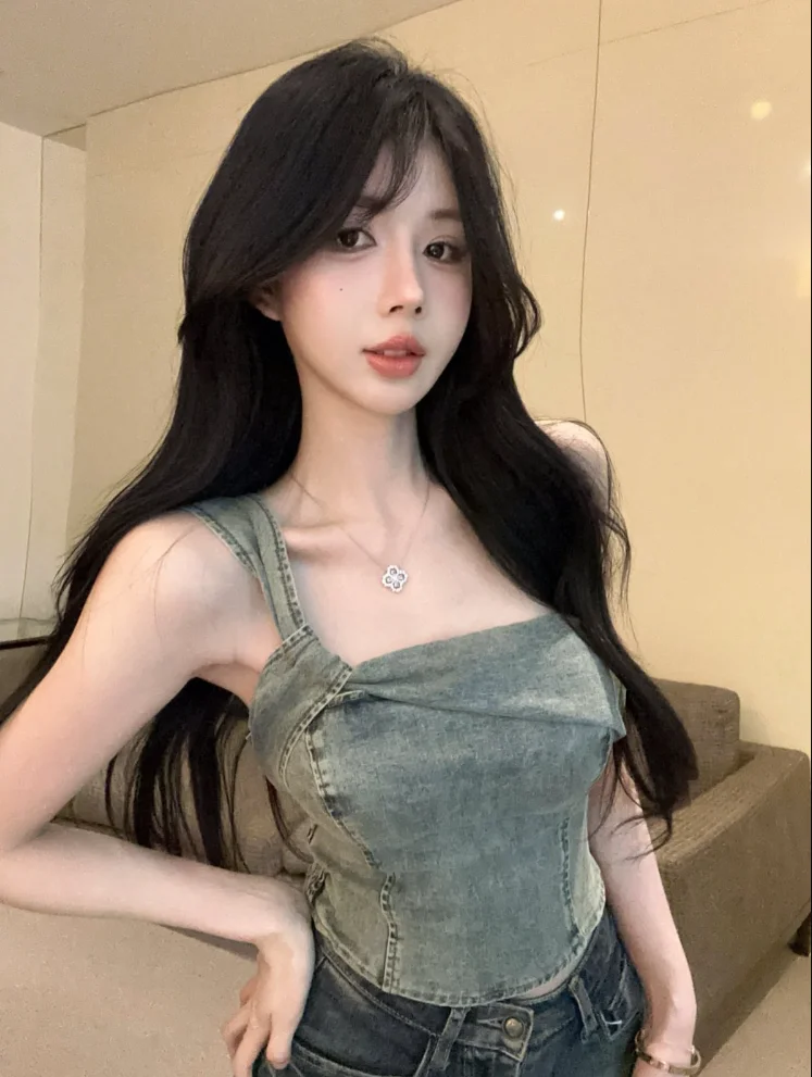 

Unique Denim Strapless Crop Top Women's Summer Thai Spicy Girl One-Shoulder Fishbone Bustier Short Korean Style Commute