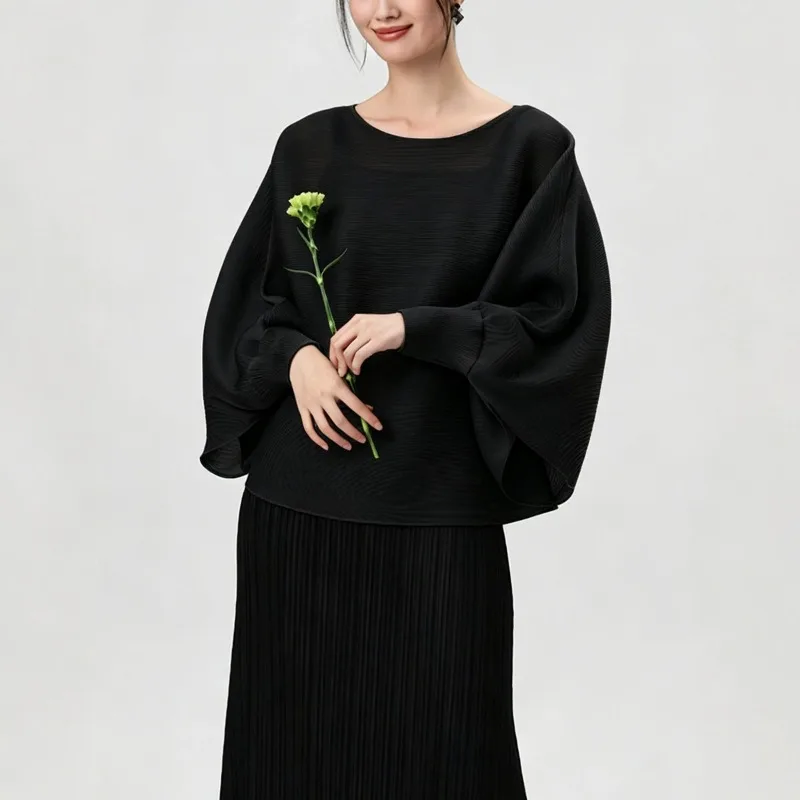 Miyake Pleated Black 2026 Texture Pleated Top for Women Round Neck Batwing Sleeves Loose Fit Plus Size Long Sleeve Blouse Pleat