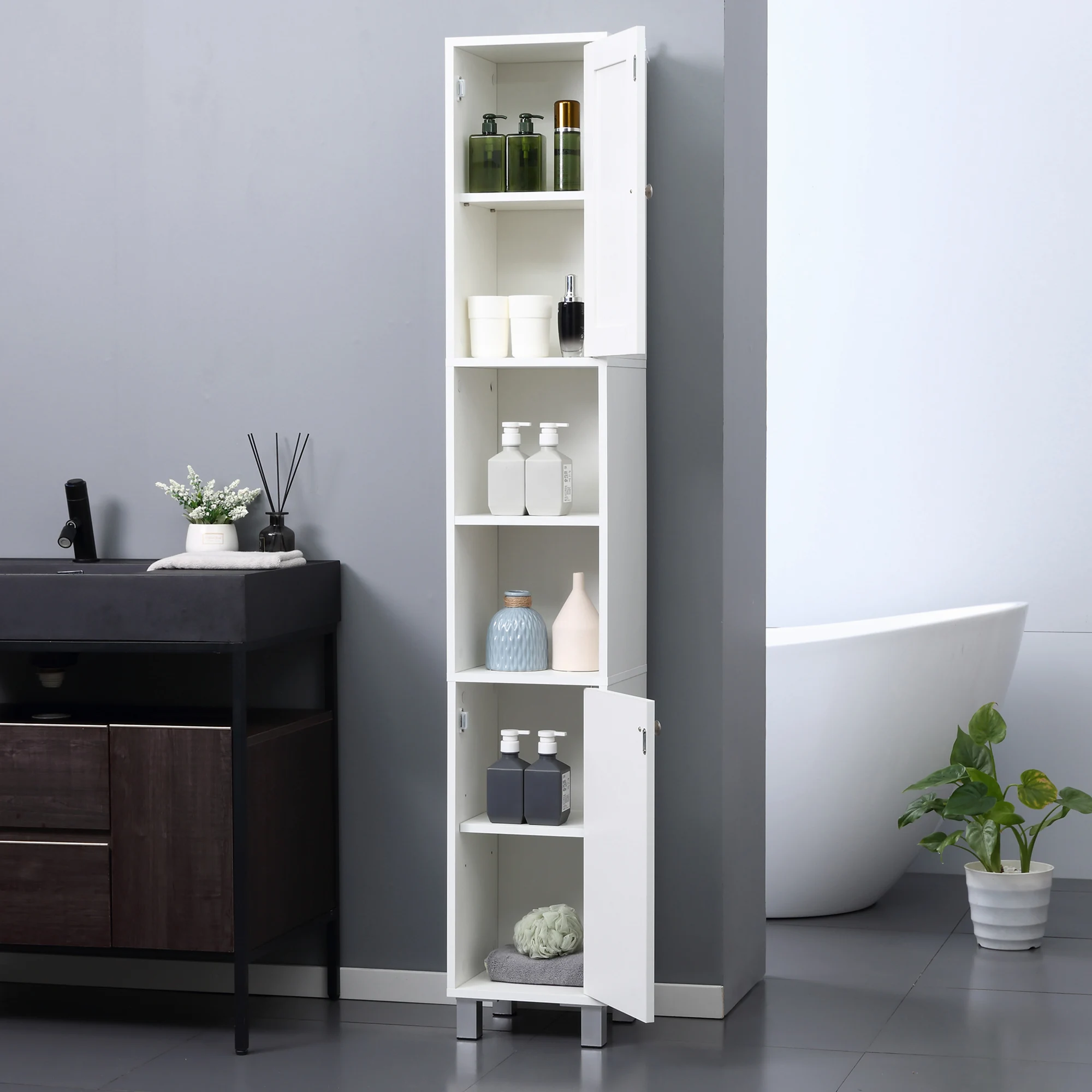 Kleankin Gabinete alto de almacenamiento para baño con espejo, gabinete de torre independiente de madera con estantes ajustables para baño