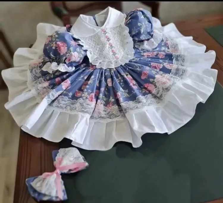 0-12Y Baby Girl Summer Rose Floral Turkish Vintage Lolita Princess Ball Gown Navy Dress for Birthday Holiday Casual Eid