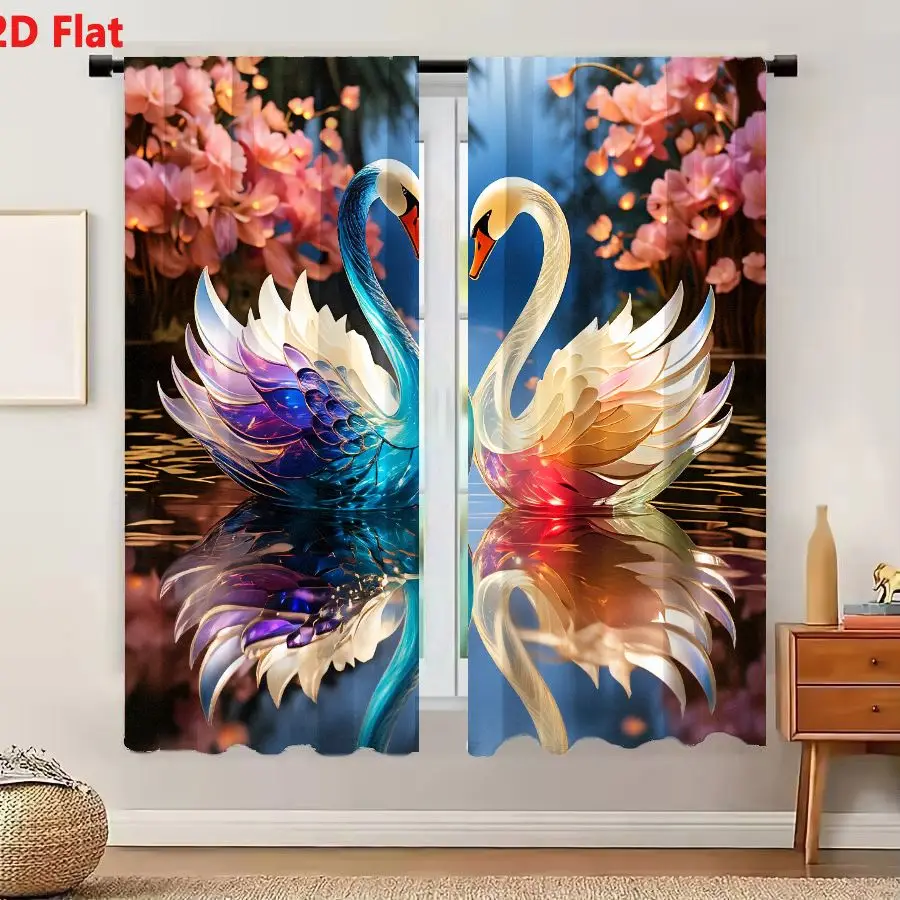 2Pcs Curtains 2D Flat Stylized Swans Heart Shape Neck On Reflective Water Surface With Blue Purple White Pink Gold Accents Orang