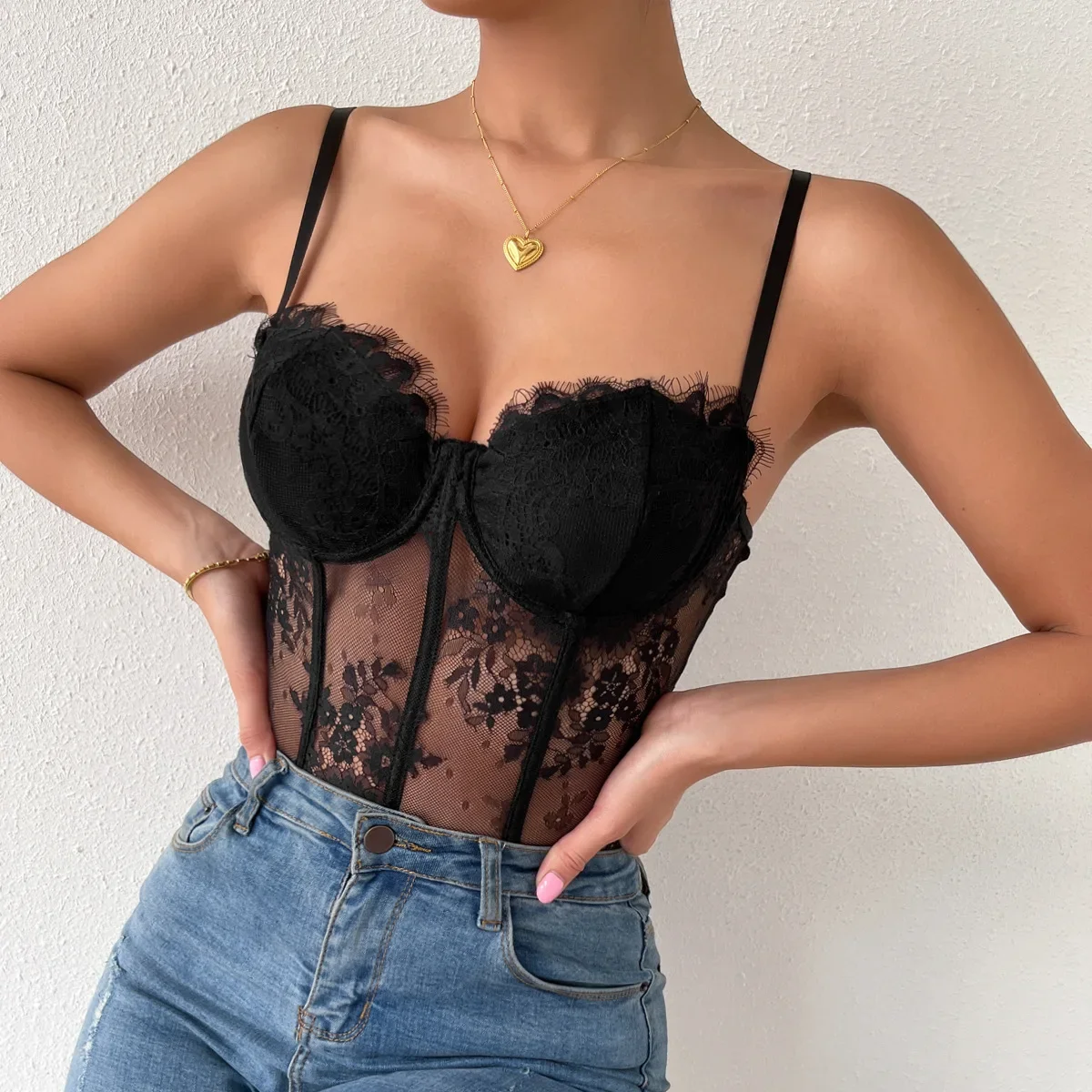 Sexy Black Lace See-through Corset Summer Fashion Streetwear Women\'s Crop Tank Top Ladies Halter Tops Bustier Lingerie Camisole