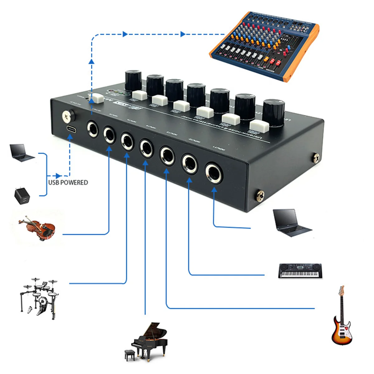 Preamplificador de Micrófono MX600, mezclador de línea de 6 canales, Ultra bajo ruido, estéreo, interruptor de una sola pista