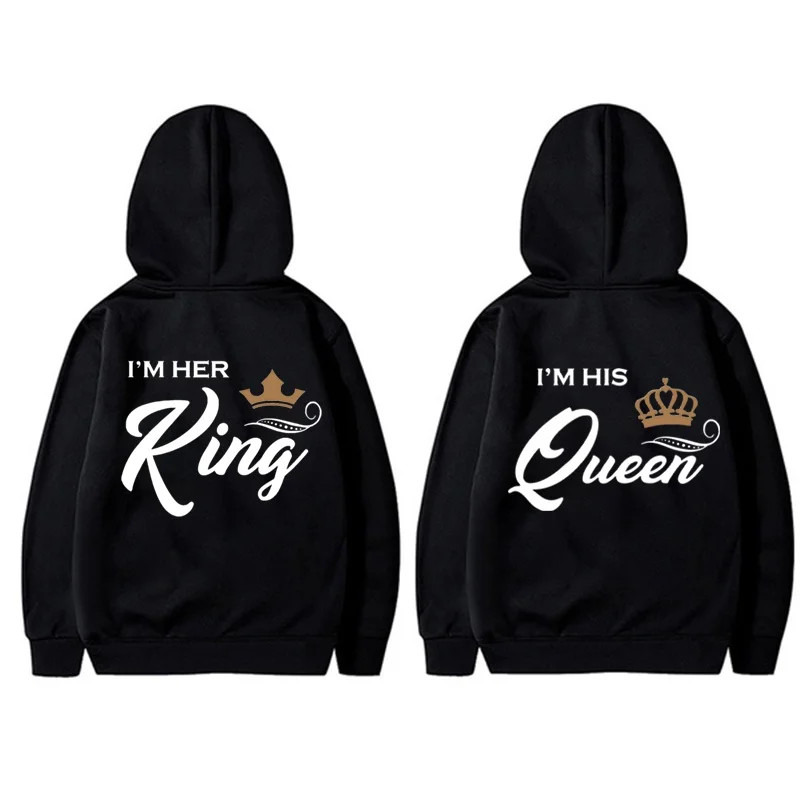 Fashion King & Queen Couple Hoodies Long Sleeve Pullover Couples Matching Outfits Streetwear Lovers Clothes Valentine Day Gifts