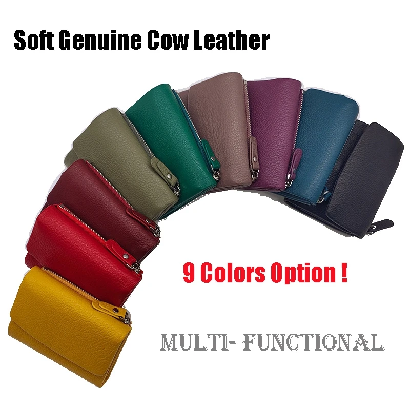 New Soft Genuine Cow Leather Short Wallet For Women Multifunctional Ladies Tri-fold Hasp Purse Cowhide Solid Color Card Holders