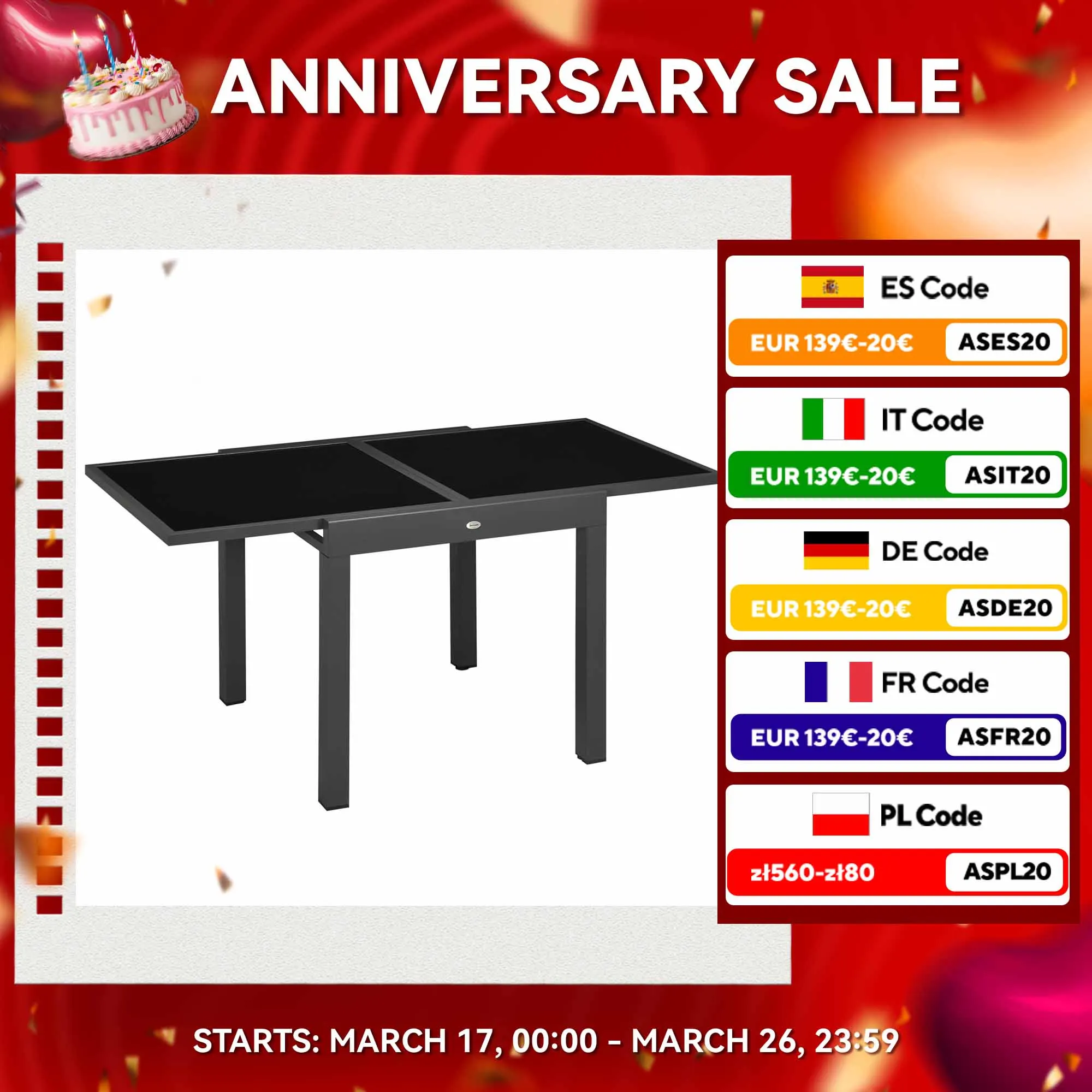 Outsunny tavolo da giardino espandibile in alluminio bordo in vetro 80-160x80x75cm