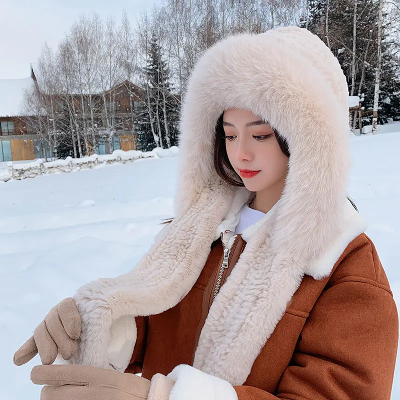 Sombrero de piel de conejo Rex para mujer, bufanda de doble cara, gorro de viento y nieve, Sudadera con capucha cálida para el cabello, Invierno