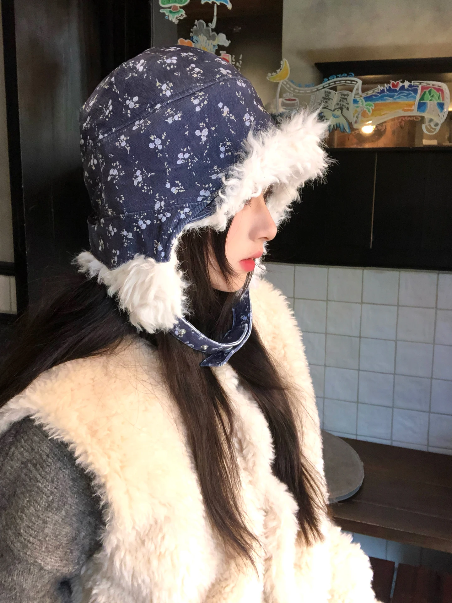 Korean Style Floral Lei Feng Cap Women's Winter Thickened Warm Ear Protection Hat Cycling Fleece Windproof Flying Cap