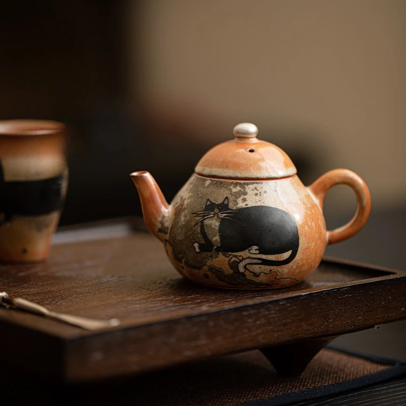 

Japanese Shino Cat Teapot Handmade Ceramic Small Tea Pot for Gongfu Tea Home Office Use
