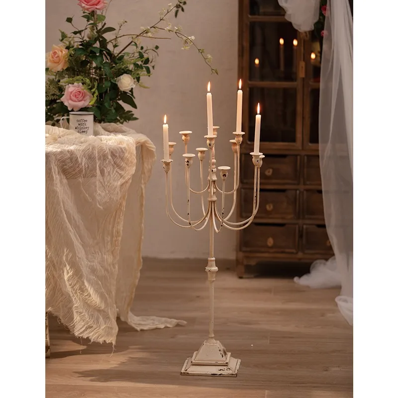 Latest 12 Arm Tall Candelabra Floor Decorative Candle Stand Antique White Candle Holder Metal Iron Wedding Table Decor