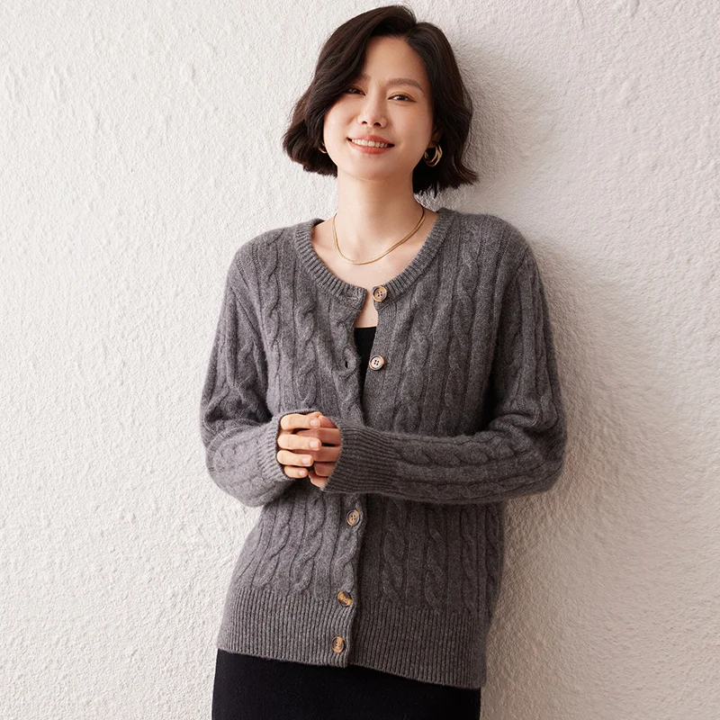 

Autumn Winter New Women's 100% Cashmere Round Neck Cardigan Long Sleeve Loose Slimming Versatile Skin-Friendly Wool Knitwear