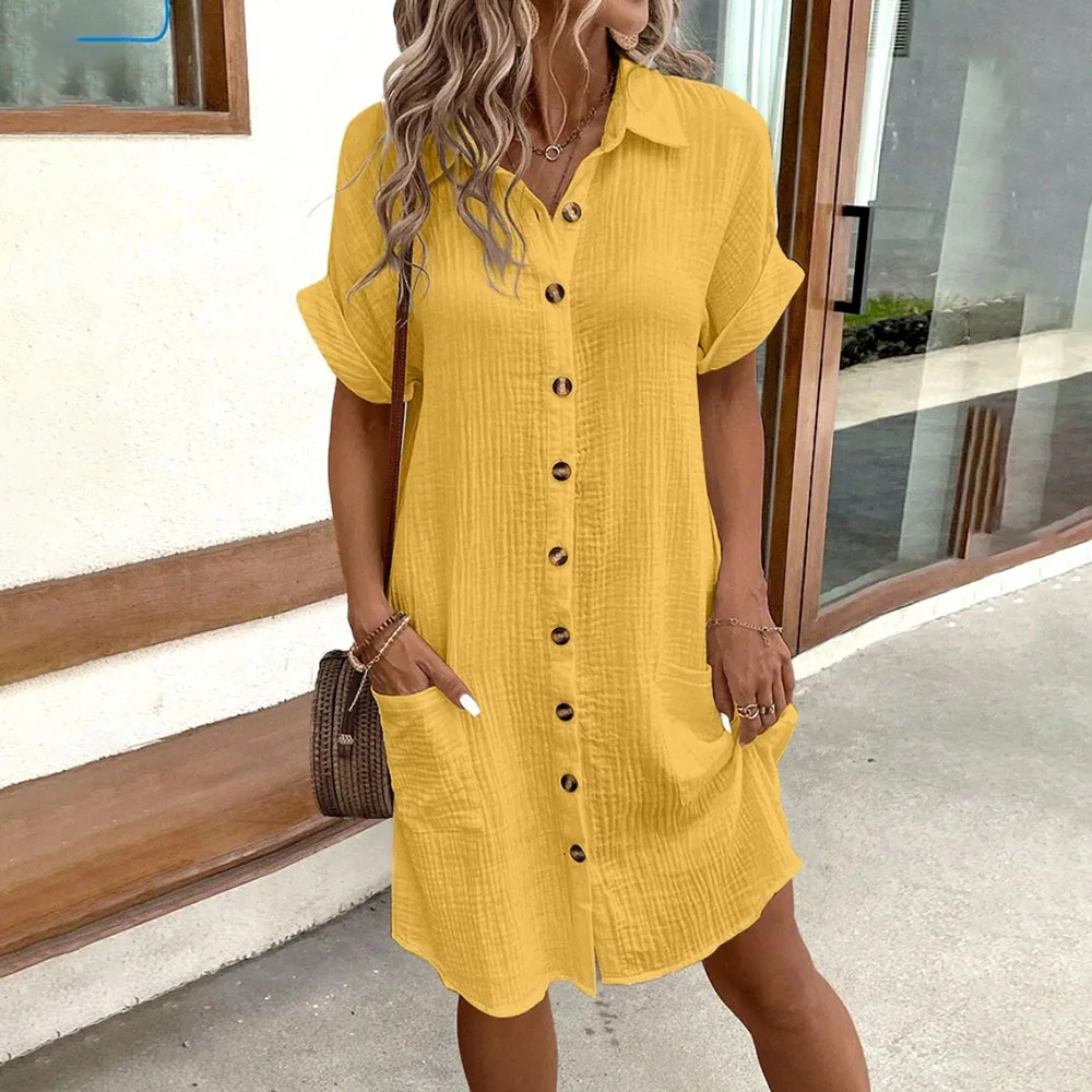 Vestidos Verano Moda 2024 Women Casual Short Sleeved White T-shirt Dress, Loose Mini Dress With Buttons And Round Neck Elegant