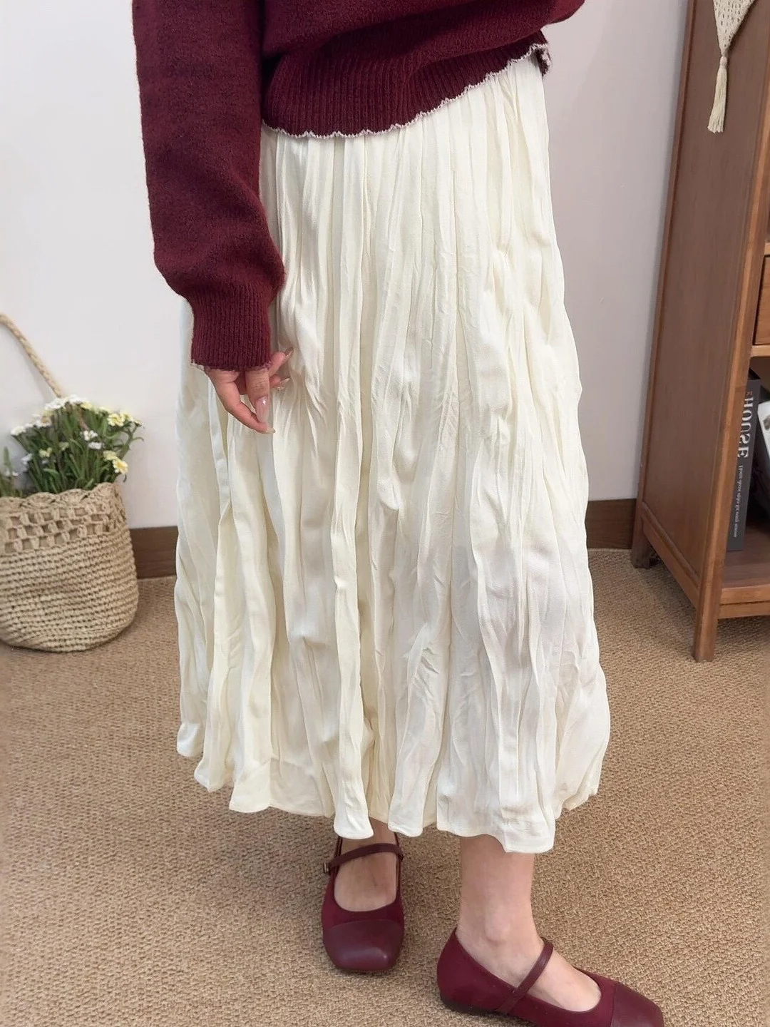 

Korean Cry Pleated A-Line Midi Skirt Women's High Waist Elastic Waist Draped Long Skirt Commute Elegance Skirt