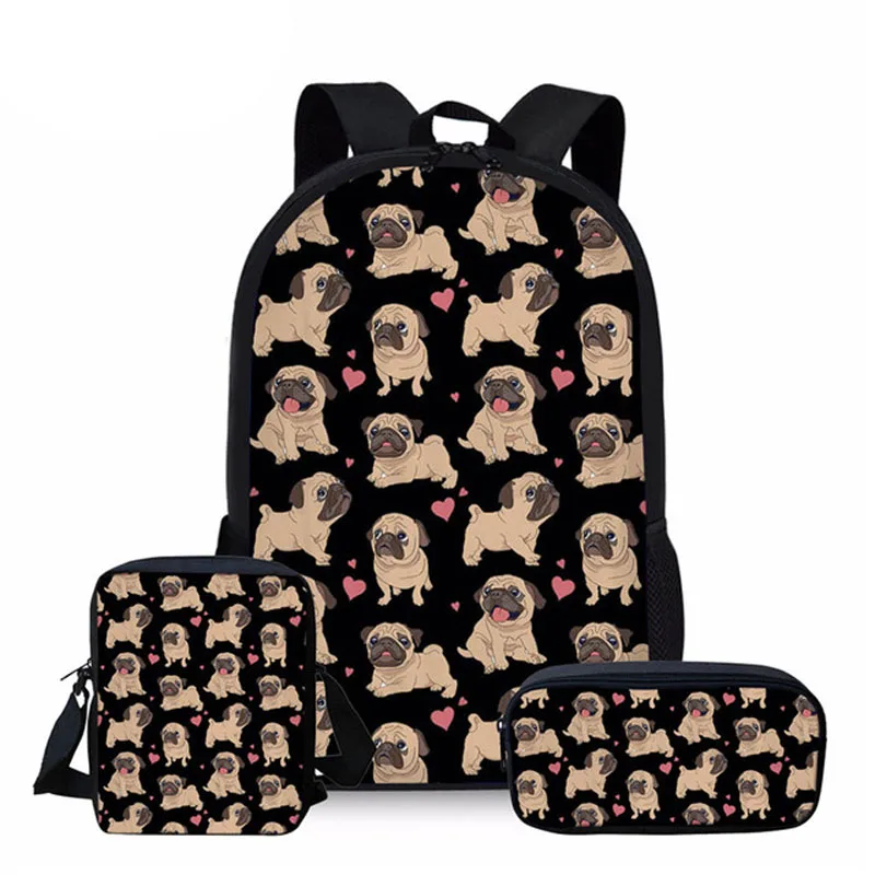 Cute Puppy Pug Dog Print School Bag Set for Teen Girls Boys Primary Student Kids Backpack Student Bookbag Children Schoolbags