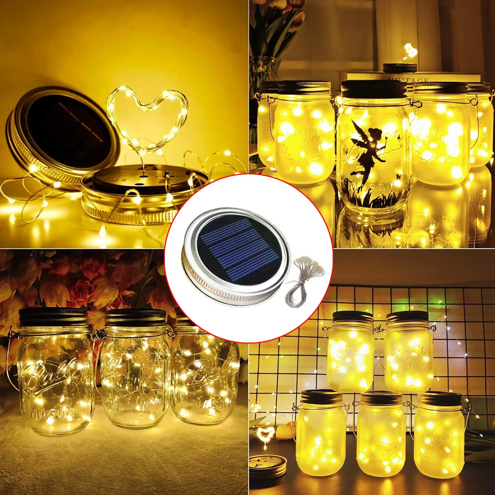 1Pc Solar Mason Jar Lid Light 20LEDs Fairy String Lights with Handles for Garden Hanging Lantern Patio Wedding Party (No Jar)