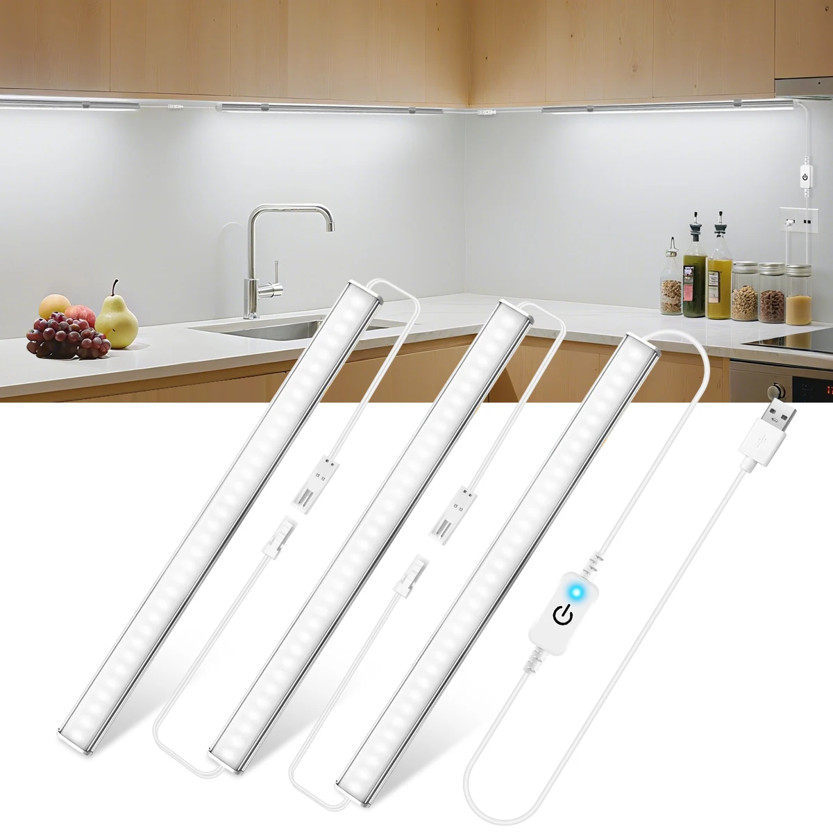 3 Pcs Connection Lamp USB Touch Sensor Dimmable Aluminium LED Under Cabinet Light For Kitchen, Wardrobe, Study Lighting Deocr