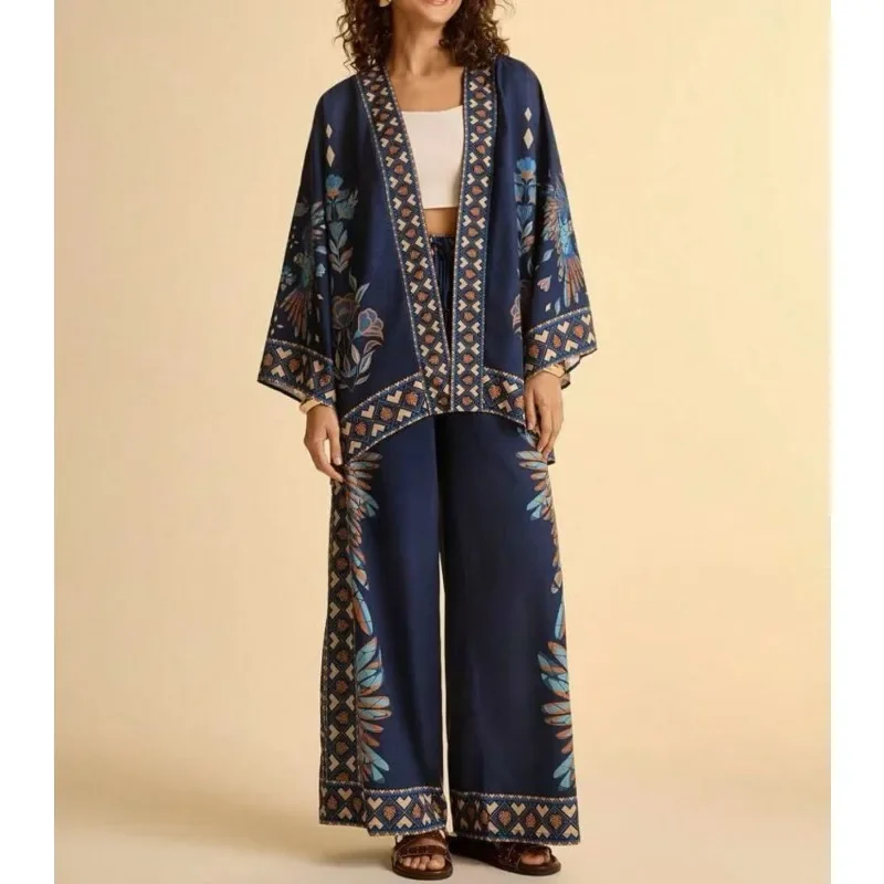 

Ethnic Autumn Loose Cardigan Top and Wide Leg Pants Set Retro Floral Print Long Sleeved Lace Up 2-PCS Suit New Bohemian Clothing
