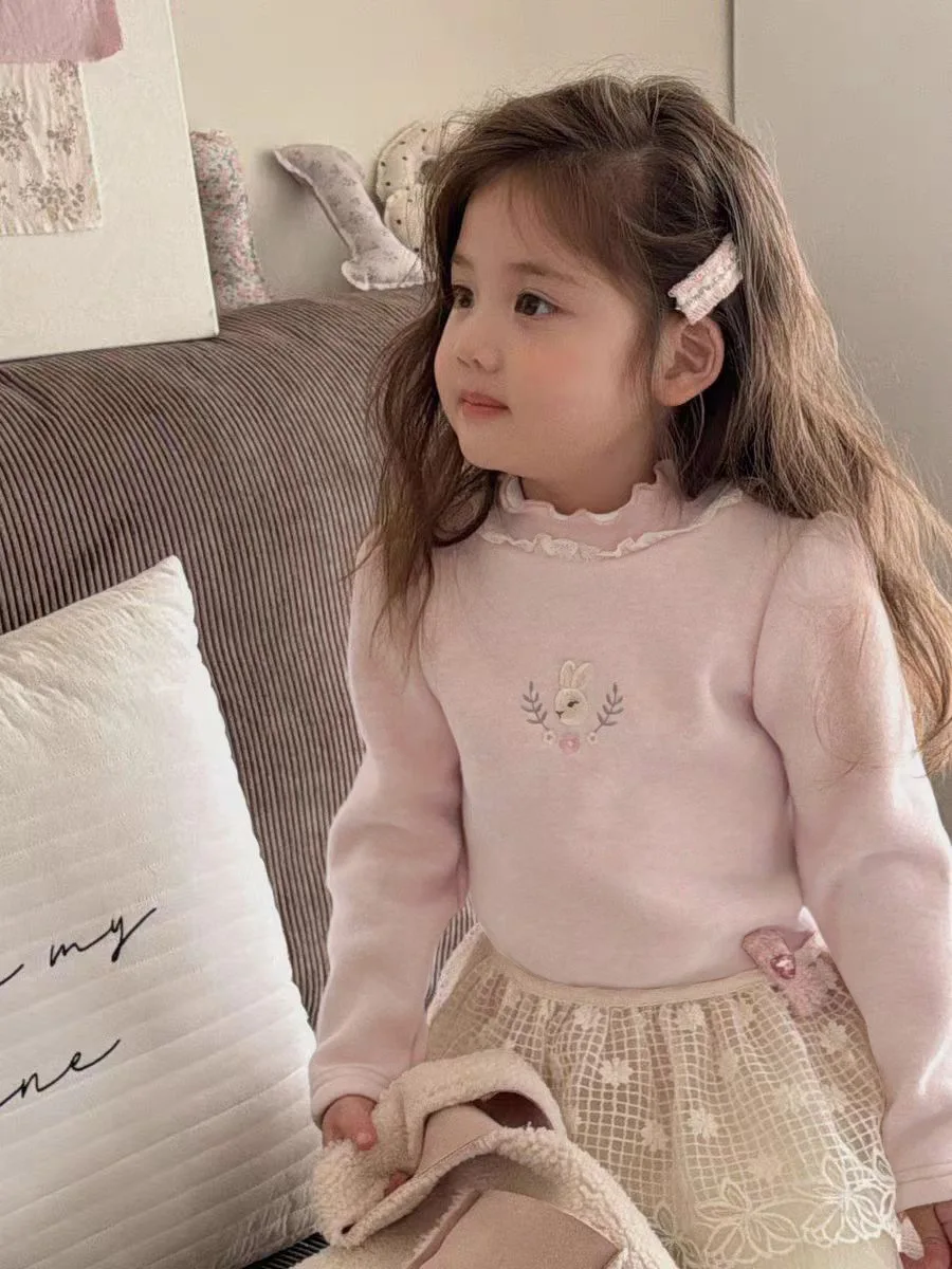 Herbst-Winter-Baby-Spitzen-Fleece-Unterhemd, Mädchen-Oberteil mit Stickerei, warm, langärmelig, weich, dehnbar, Freizeit-Sportbekleidung für Kinder – Detail 3