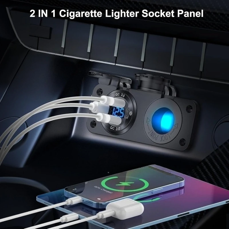 Universal 12V/24V USB Outlet Marine Panel Dual PD3.0 & QC3.0 Car Charger Waterproof with Touch Switch for Car Motorcycle RV Boat