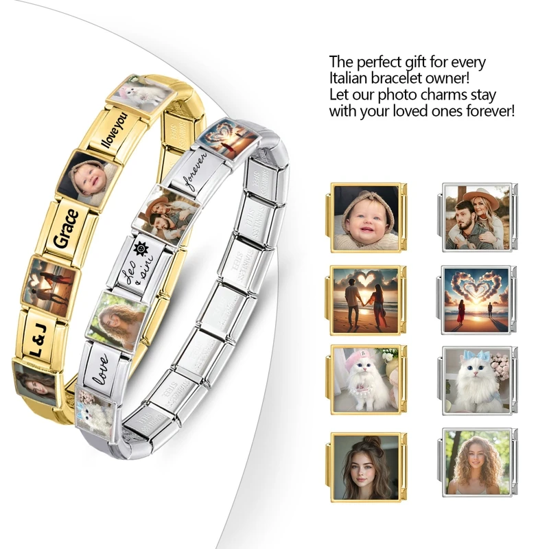 Personalization Customized Photo Italian Charm Link Fit 9mm Stainless Steel Bracelet Diy Beads Module Accessories Jewelry Gifts