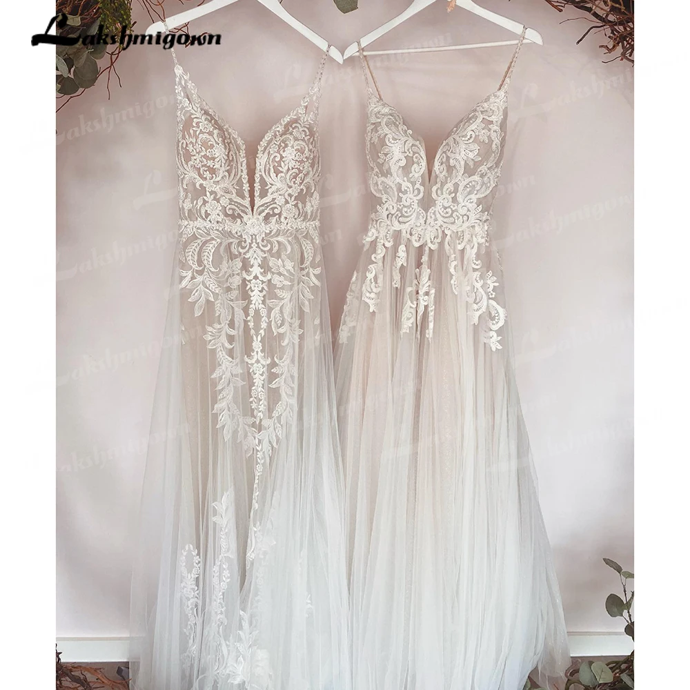 Sexy Boho Wedding Dresses Illusion Embroidery Lace Spaghetti Strap Light Weight Soft Tulle Beach Bridal Gowns Customized