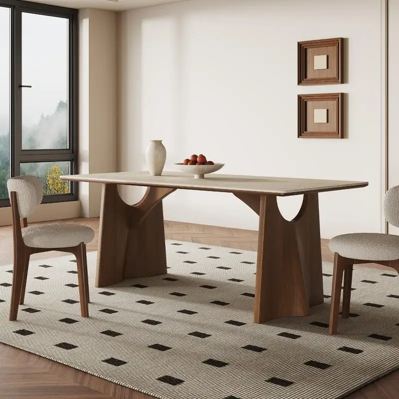 Stone slab dining table Small household modern simple French wabi style rectangular walnut dining table