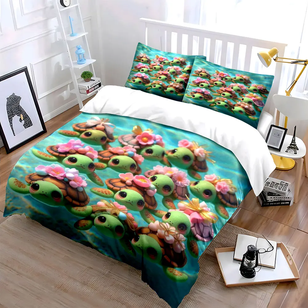 A group of cute sea turtles on the sea Duvet Cover Set with 3D Printing Design Soft Polyester Bedding Set All-Season Comfort
