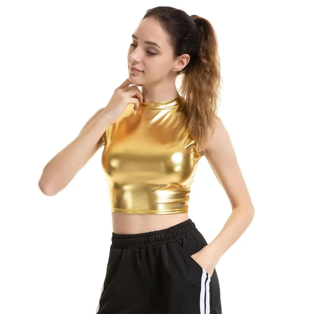Dazzling Imitation Leather Tank Bralette Tops Lady Short Crop Tops Sleeveless Sexy Women Show Costumes Dance Wear For Nightclub