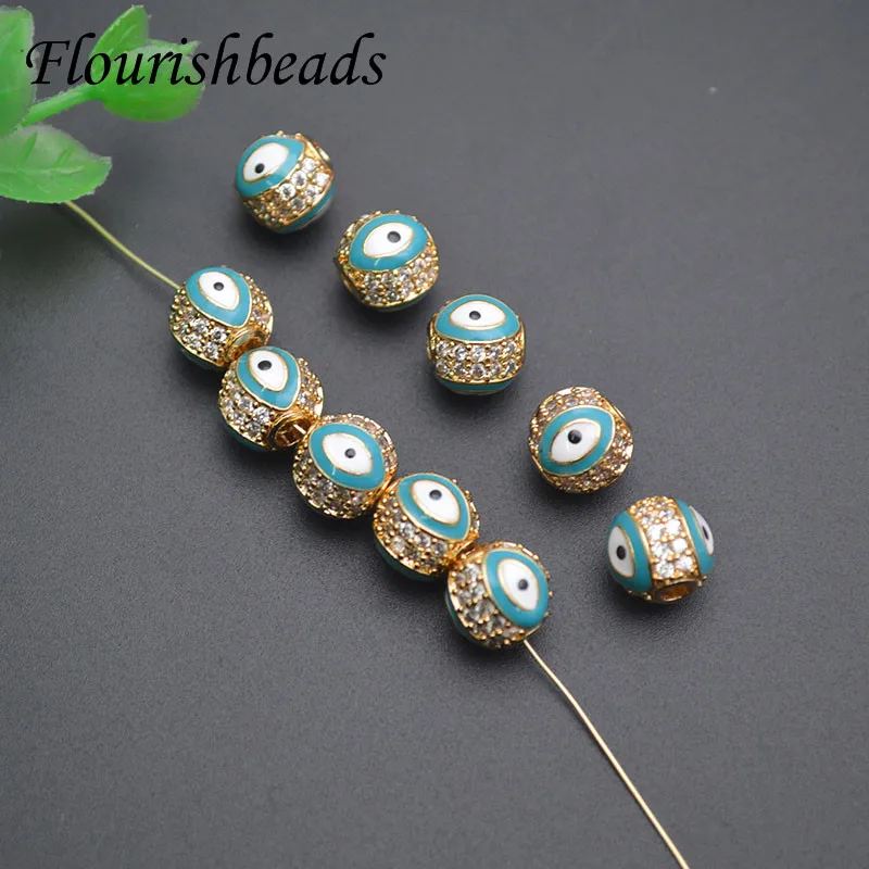 

30pcs/lot Copper Real Gold Plated Enamel Green Evil Eye Big Hole Loose Beads 8mm Gold Color Accessories for Jewelry Findings