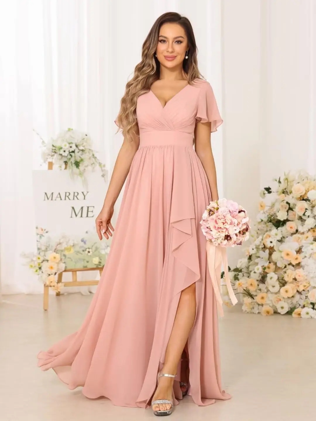 

Chiffon Bridesmaid Dresses with Slit Flowy Long A-line Formal Party Dress with Pockets for women woman kids girls night luxury