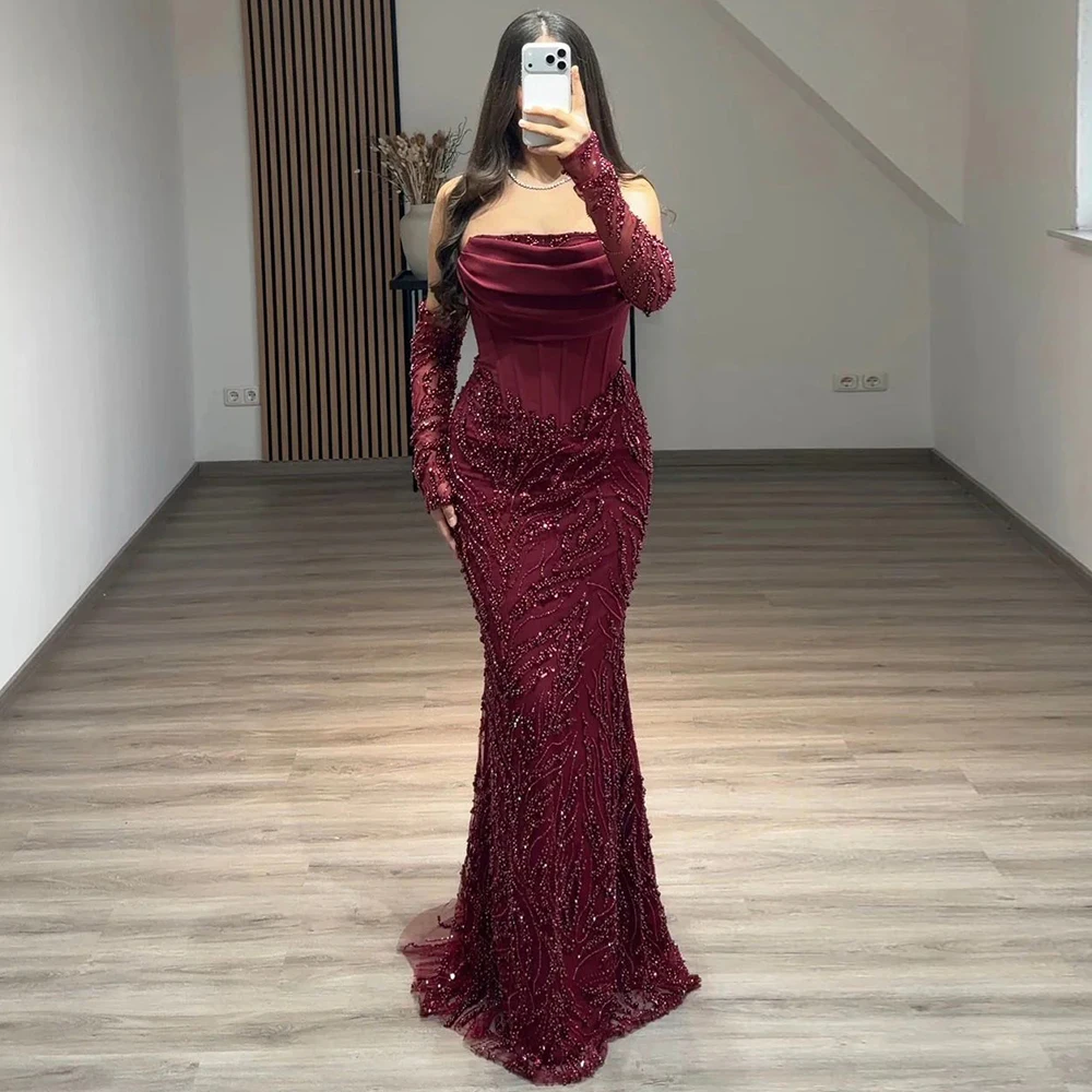 

Изысканное бордовое вечернее платье русалки с бисером в Дубае с открытыми плечами без бретелек со складками Вечерние платья для выпускного вечера Robe De Soiree
