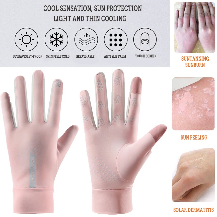 Guantes de protección solar UV para hombre y mujer, guantes de conducción antideslizantes para pantalla táctil, bloqueador solar de seda de hielo